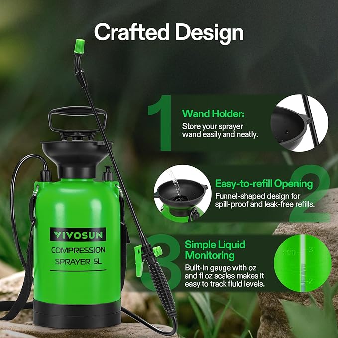 VIVOSUN 1.35-Gallon Pump Sprayer, Pressurized Lawn & Garden Sprayer with Adjustable Shoulder Strap, for Plants Spraying, Garden Watering and Household Cleaning