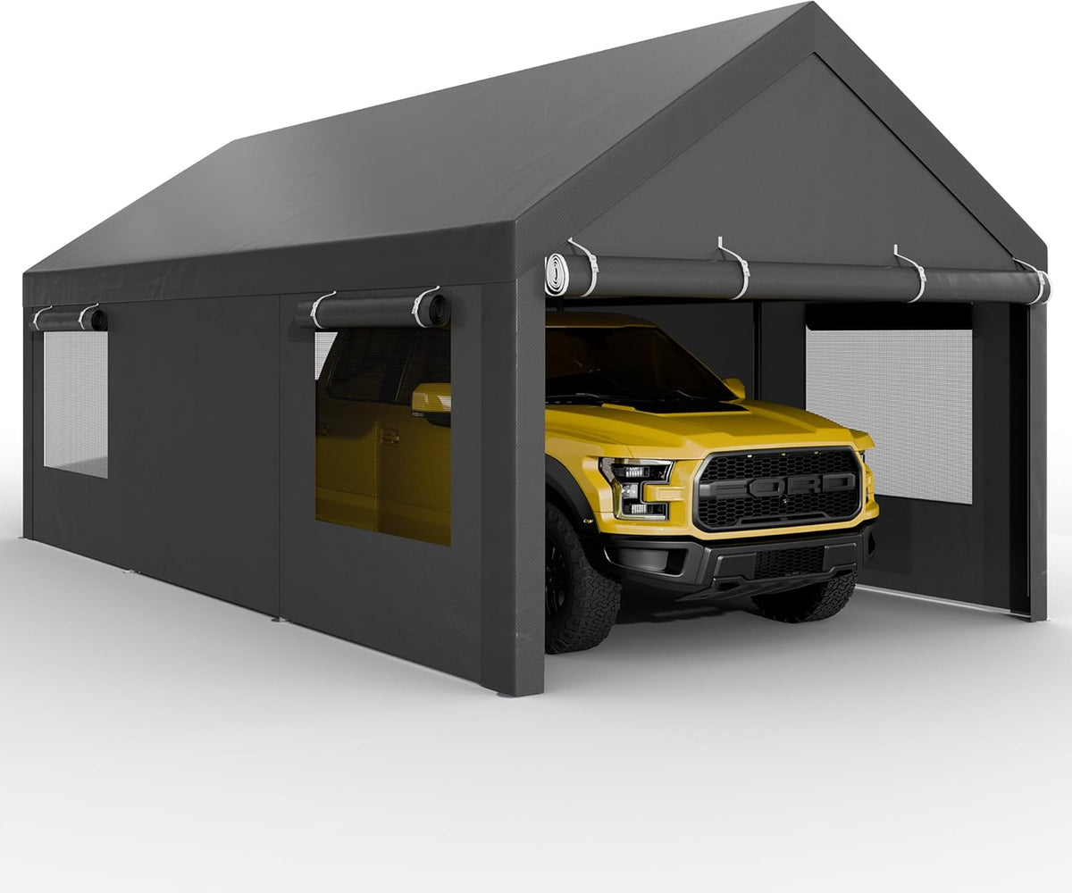 JAMFLY Carport, 10x20 ft Heavy Duty Carport with Roll-up Windows, Portable Garage with Removable Sidewalls & Doors, Car Canopy with Sandbags and All-Season Tarp for Car Boat Truck Motorcycle, Grey
