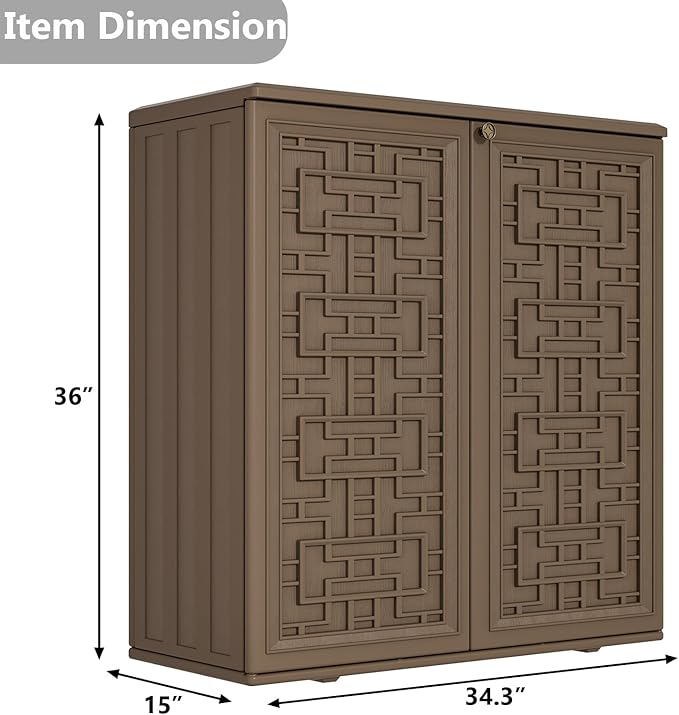 HOMSPARK Indoor/Outdoor Storage Cabinet with Doors and Shelf, 34”x16”x36” HDPE Plastic Storage Box for Bedroom, Bathroom, Living Room, Balcony, Multi-Purpose for Toys, Kitchen Tools, Coffee