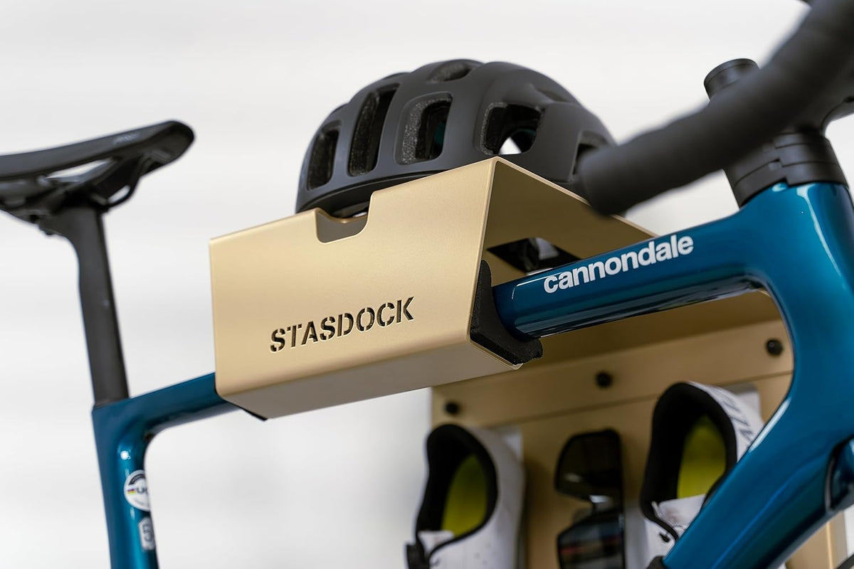 Wall Bike Rack | Bike Storage Wall Mount System | For Race Bicycles (New Gold) and Mountain Bikes | Bike Shelf | Indoor bike wall bracket | Store your helmet and shoes | Home and Garage