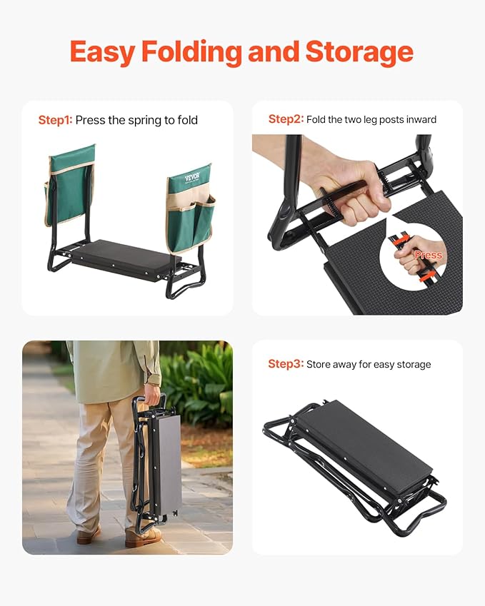 VEVOR Folding Garden Kneeler and Seat Heavy Duty, Widened 8" EVA Foam Pad, Portable Garden Stool with Tool Bags, Gardening Bench to Relieve Knee & Back Pain, Great Gifts for Seniors, Women, Parents