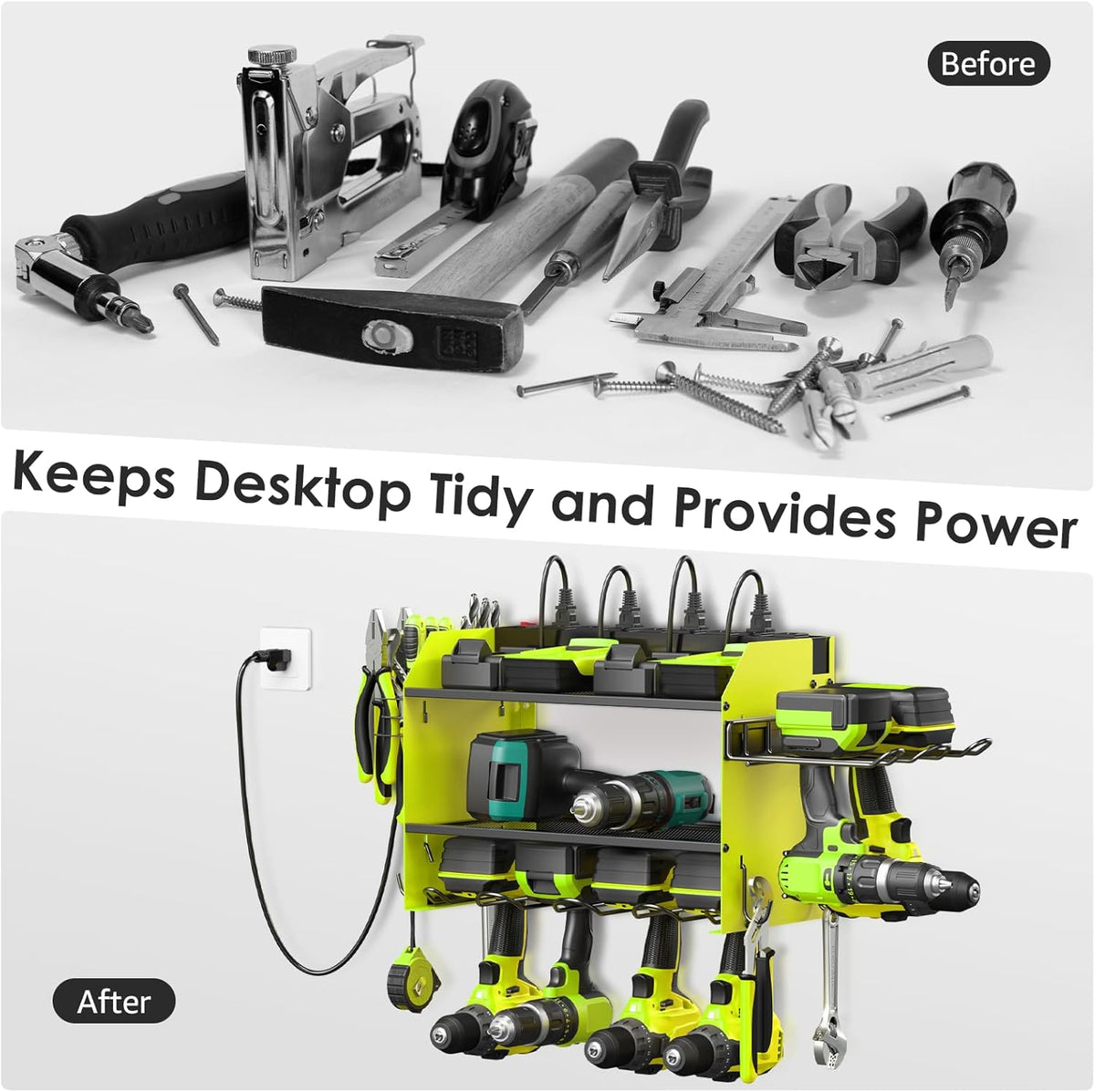 CCCEI Modular Power Tool Organizer Wall Mount Charging Station, Green 6 Drills Holder with 8 Plug Power Strip 6FT, Garage Drill Battery Heavy Duty Metal Shelf, Utility Rack with Hooks, Side Storage.