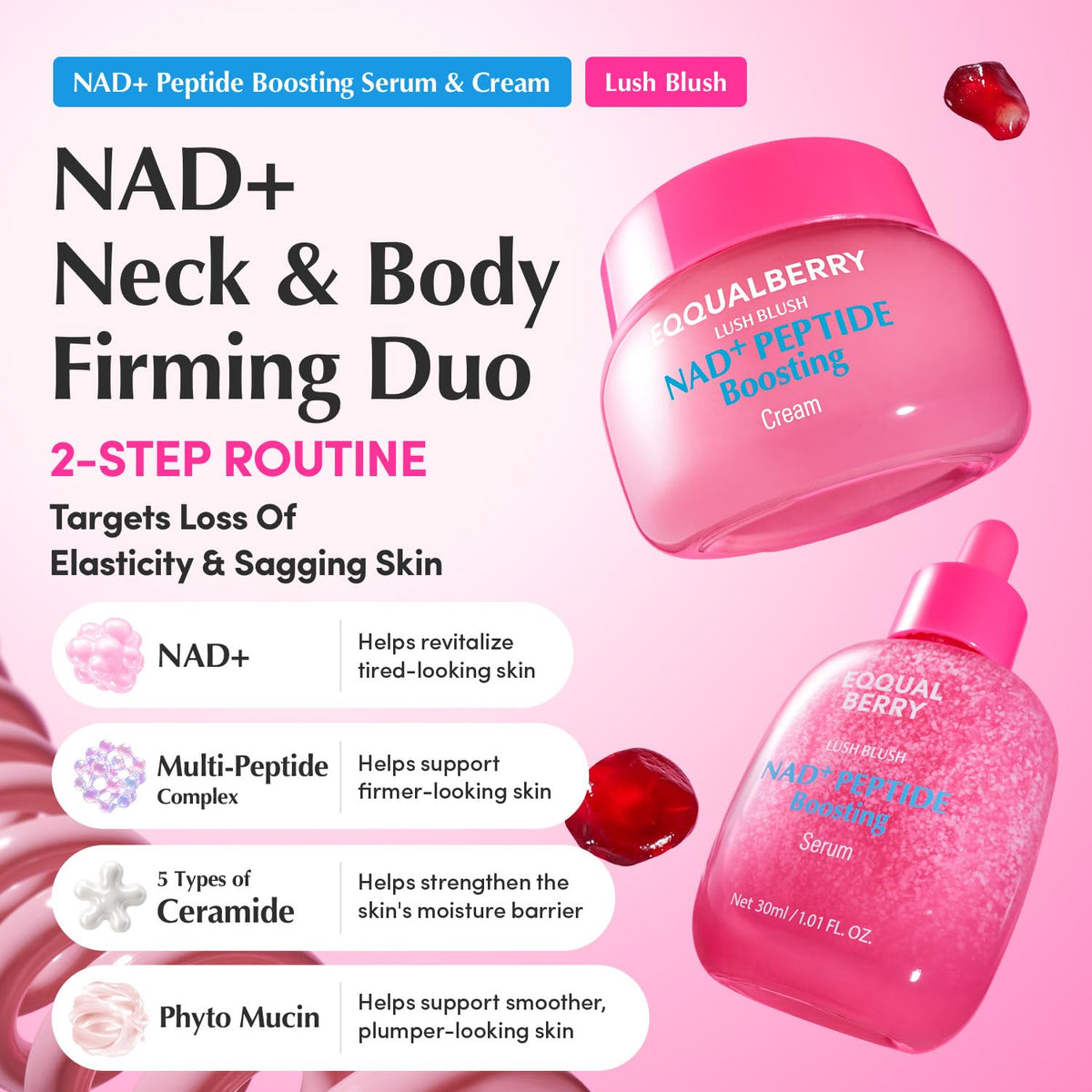 EQQUALBERRY NAD+ Peptide Boosting Serum & Cream Duo | Pink Cream for Anti-Aging, Firming & Lifting, Jawline, Neck, Décolleté | Korean Skin Care
