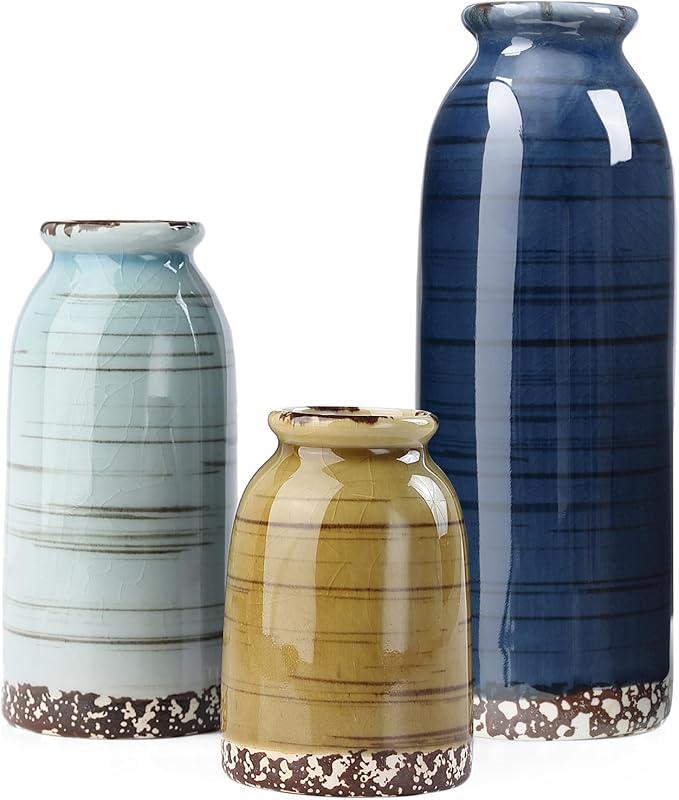 Ceramic Vase Set of 3, Farmhouse Decorative Vase for Pampas Grass, Living Room, Bathroom,Bookshelf, Centerpieces (Blue/Navy Blue/Yellow)