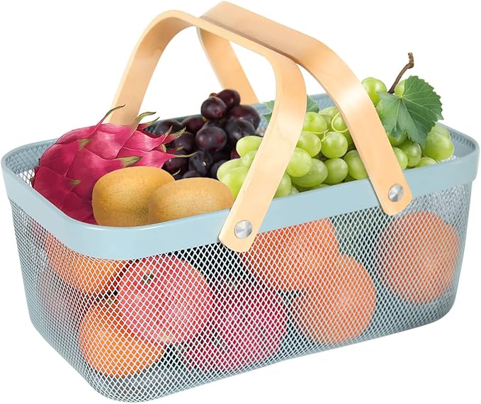 Garden Harvest Basket,Delicate Harvest Basket for Garden Vegetables,Practical Metal Mesh Wire Basket with Handle Suitable for Bathroom,Cabinet,Kitchen(Blue)