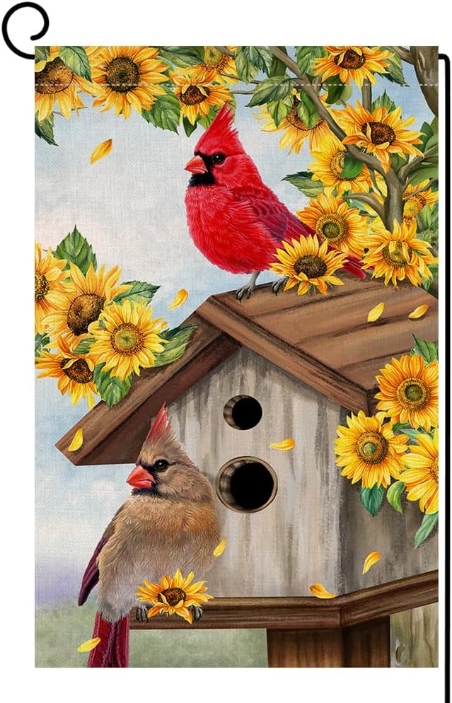 BLKWHT Summer Sunflowers Cardinal Bird Garden Flag 12x18 Vertical Double Sided Yellow Flowers Spring Farmhouse Holiday Outside Decorations Burlap Yard Flag BW815
