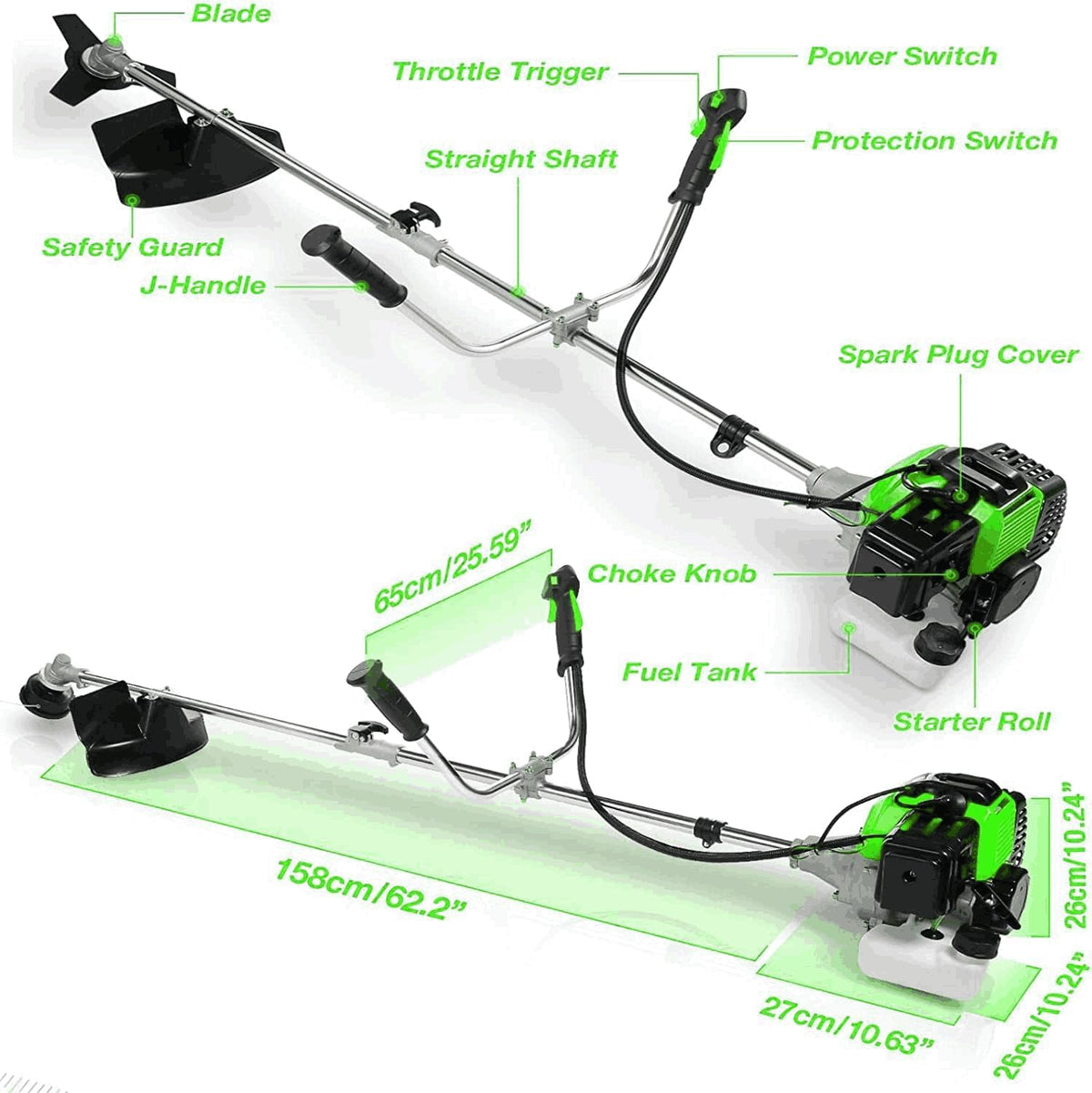 Homdox 4 in 1 Gas Brush Cutter, 58cc 2-Cycle Gas Weed Eater, String Trimmer and Weed Wacker Trimmer for Lawn and Garden Care Trimming, Green