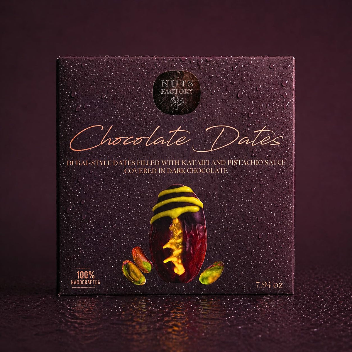 Nuts Factory Chocolate Dates - Dubai Style Dark Chocolate Covered Dates with Kataifi & Pistachio Filling, Gourmet Stuffed Date Dessert Treats