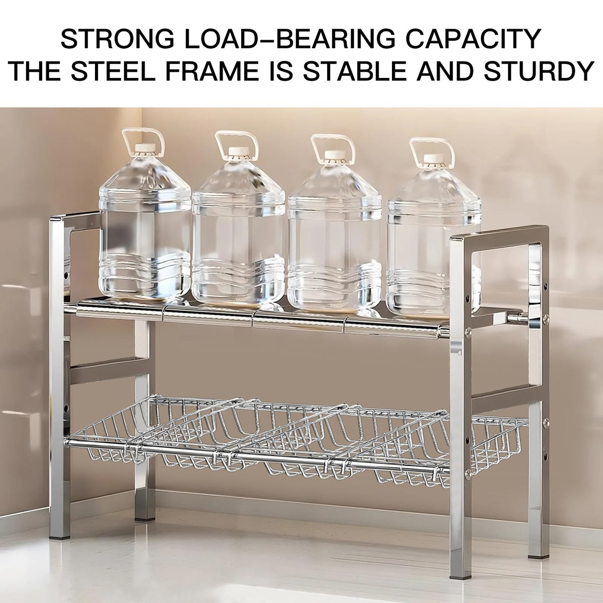 ADVEZO Large Under Sink Organizer 2 Tier Expandable Heavy Stainless Steel Shelf Adjustable Height for Under Kitchen Bathroom Sink Organizers and Storage (Large Size: 4 Panels 4 Storage Baskets)