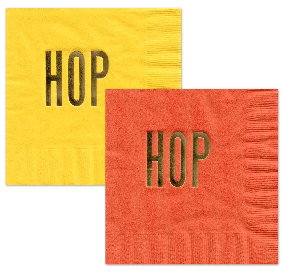 HOP HOP Easter Cocktail Beverage Napkins (20 pcs) Coral and Yellow with Gold Foil Party Decorations by Nerdy Words