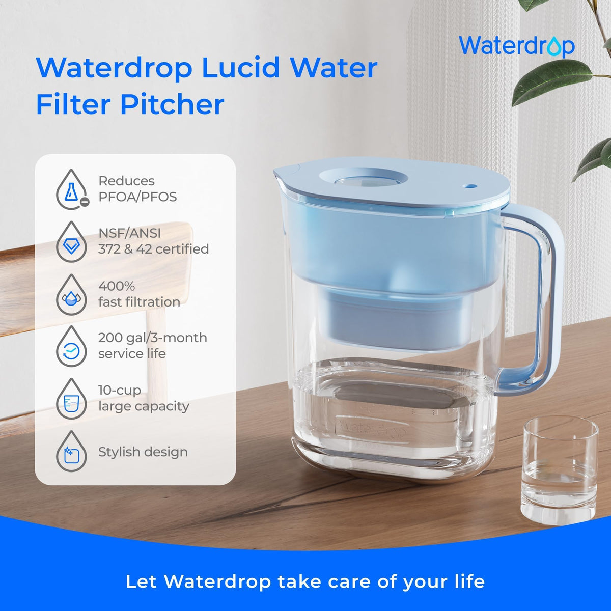 Waterdrop PT-07B Water Filter Pitcher with 3 Filters, 10-Cup, NSF Certified
