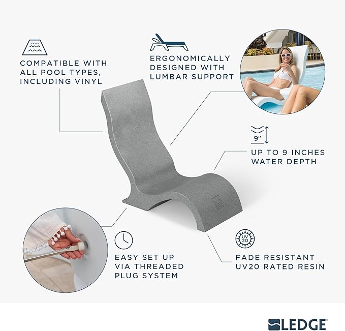 Ledge Lounger - Signature Chair - Inside Pool & Sun Shelf Lounge Chair - Designed for Shallow Shelves Up to 9” - Compatible with All Pool Types - Poolside & Sun Deck Tanning - Set of 2 - White
