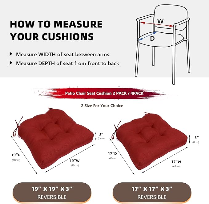 RACE LEAF Patio Chair Cushions 17x17 4 Pack, Thickened Outdoor Seat Cushions Water Resistant Stain Resistant Non-Slip Ties (Red)