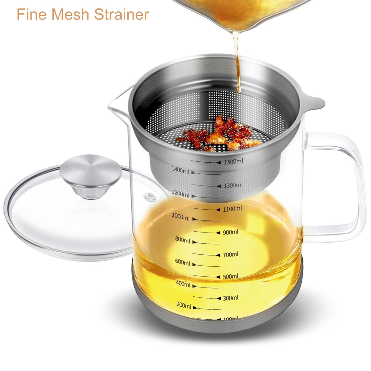 Abdodar 50oz Glass Oil Strainer Container with Fine Mesh Strainer (1.5L)
