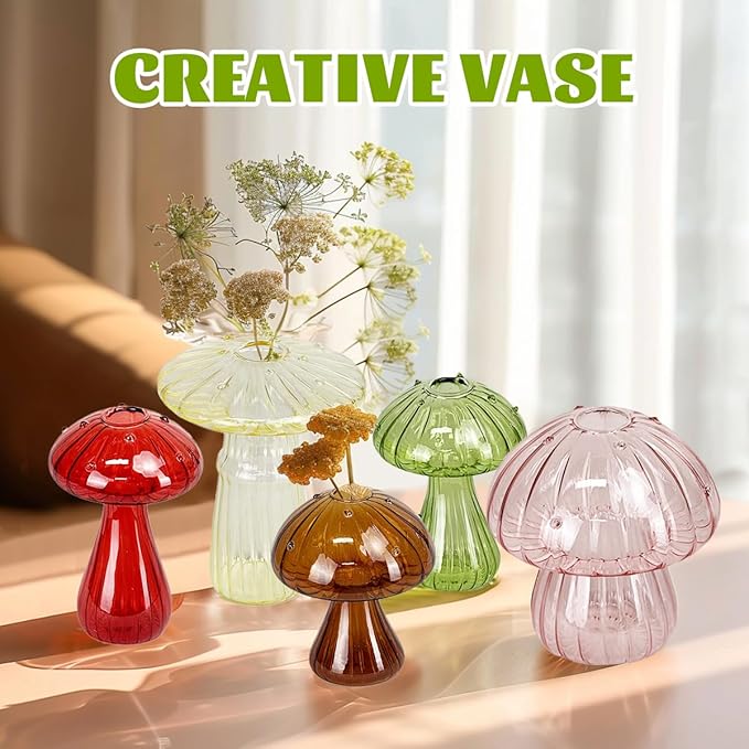 5 Pcs Mushroom Glass Planter for Plants, Stylish Unique Mushroom Vase for Home Decoration,Colorful Propagation Jars,Ideal Gardening Companion and Creative Floral Arrangement