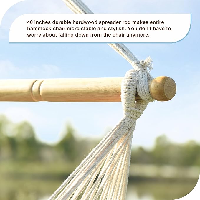 Lazy Daze Hammocks Chair Caribbean Hanging Rope Weaving Chair with 40" Hardwood Spreader Bar and Soft-Spun Cotton Rope for Indoor/Outdoor Backyard & Living Room, Max 300 LBS, Natural