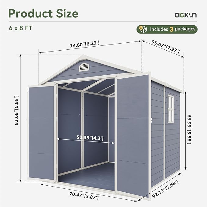 Aoxun 8 X 6.2 FT Resin Storage Shed Outdoor Plastic Large Garden Shed with Lockable Door, Floor for Backyard, Garden, Patio, Lawn, Grey (Grey, 8' x 6.2')