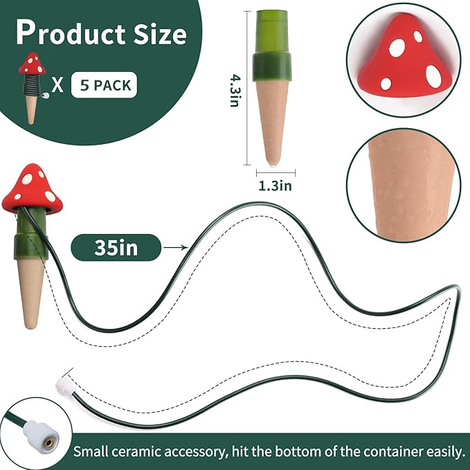 BYDOLL Plant Self-Watering Stakes Automatic Watering Terracotta Spikes for Indoor Outdoor Plants,Houseplant Mushroom Insert Devices for Vacation use,Bonsai Drip Irrigation System (5 Pack)