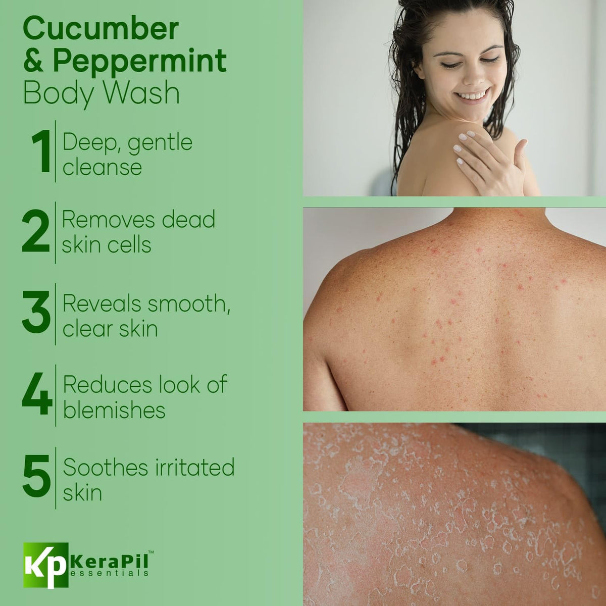 KERAPIL Exfoliating Body Wash, Cucumber and Mint, 16 fl oz x 2