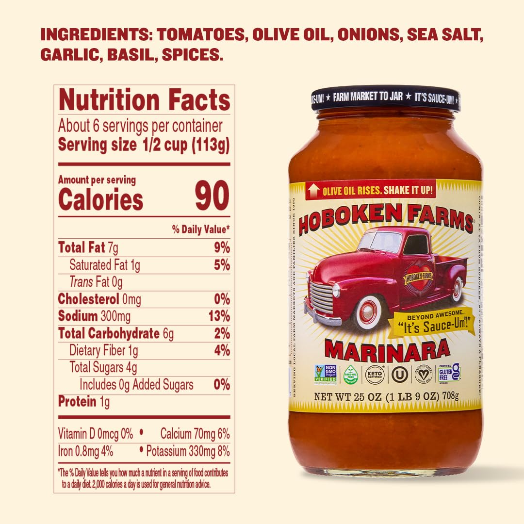 Hoboken Farms Marinara Sauce - No Sugar Added, Non-GMO, Preservative-Free, Low Carb, Keto - Better For You Pasta Sauce! (25 Fl Oz, Pack of 4)