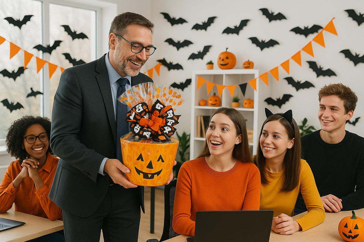 Premium Trick Or Treat Halloween Pumpkin Gift Basket for kids filled with an assortment of the most popular Halloween candy, chocolates, cookies,