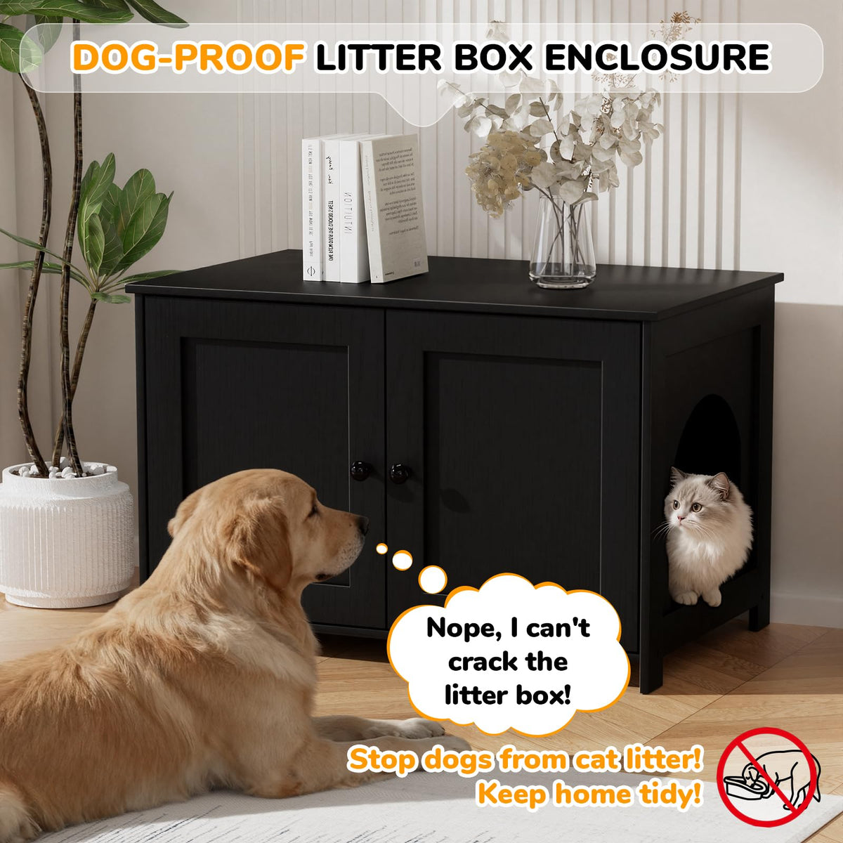 Fecuria Cat Litter Box Enclosure Furniture Dog Proof, Hidden Kitty Washroom Cabinet Low Entry, Wooden Cat Boxes Enclosure Odor Control for Home, Farmhouse Style Decorative TV Stand with Storage, Black
