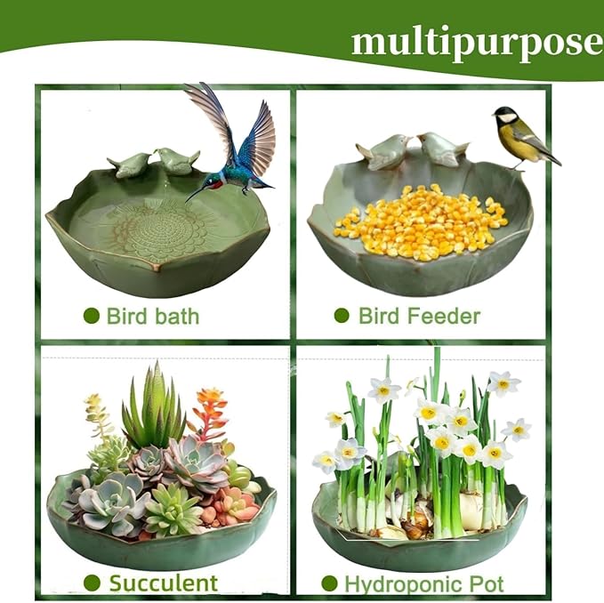 Bird Bath for Outside on Ground, 10 in Ceramic Birds Bath Bowl, Handmade Ground Bird Feeders and birdbath for Outdoors for Outdoors, Garden, Tabletop, Balcony and Lawn (Big - deep)