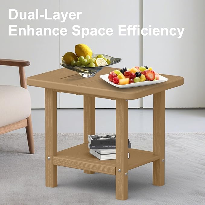 Outdoor Side Table - 2-Tier Storage All Weather Outdoor End Table for Patio - HDPE Morden Easy Maintenance Adirondack Side Table for Pool Porch Balcony Garden Lawn Backyard Outside Indoor