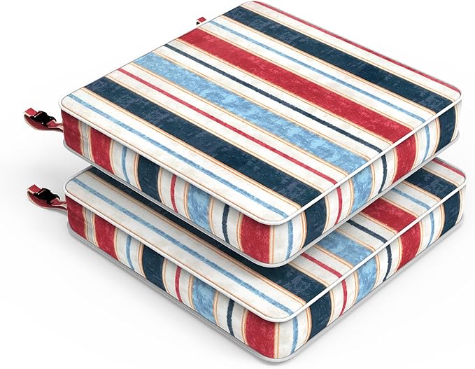 LVTXIII Patio Chair Cushions 19"x19"x3", Water-Repellent Outdoor Seat Cushions for Patio Furniture, Square Chair Pads with Ties for Home Garden Decoration, Set of 2, Stripe Red Blue