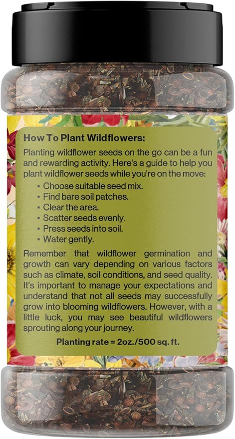 Geva Grow on The Go Seed Shaker - Northwest Wildflower Seeds Regional Mix - Organic, Non-GMO - 100% Pure Seed - 20 Different Wildflowers Seeds of Annual and Perennial, 2oz