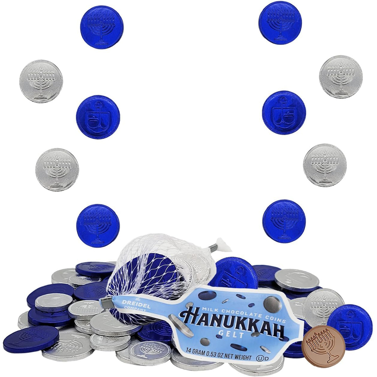 The Dreidel Company 10 Mesh Bags Original Hanukkah Chocolate Gelt Blue & Silver Coins in Mesh Bags, Made with Premium Belgian Milk Chocolate, Gluten