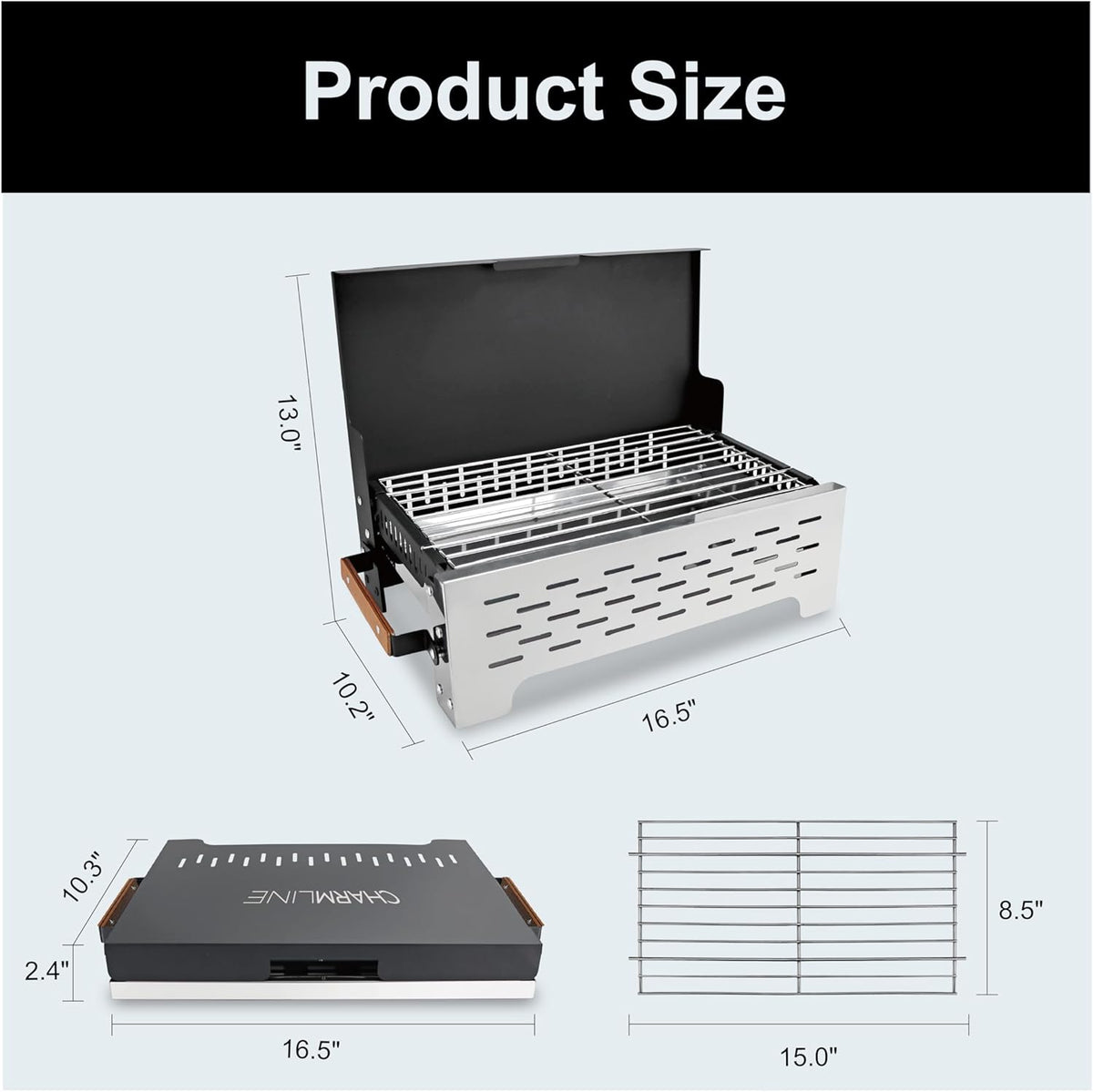 Charmline 19x13in Foldable Portable Grill Charcoal, Compact Grills for Outdoor Use, Desktop Charcoal Grill for Indoor Use, BBQ Grill for Camping, Picnics, Gardens and Beach Parties, Black