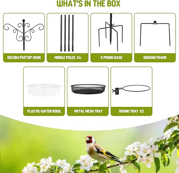 MIXXIDEA Bird Feeding Station Bird Feeder Pole with 5-Prong Base Hanging Hooks Water Bath Mesh Tray Wind-Resistant Water Bowl with Metal Snap Fastening for Outdoors to Attract Wild Birds