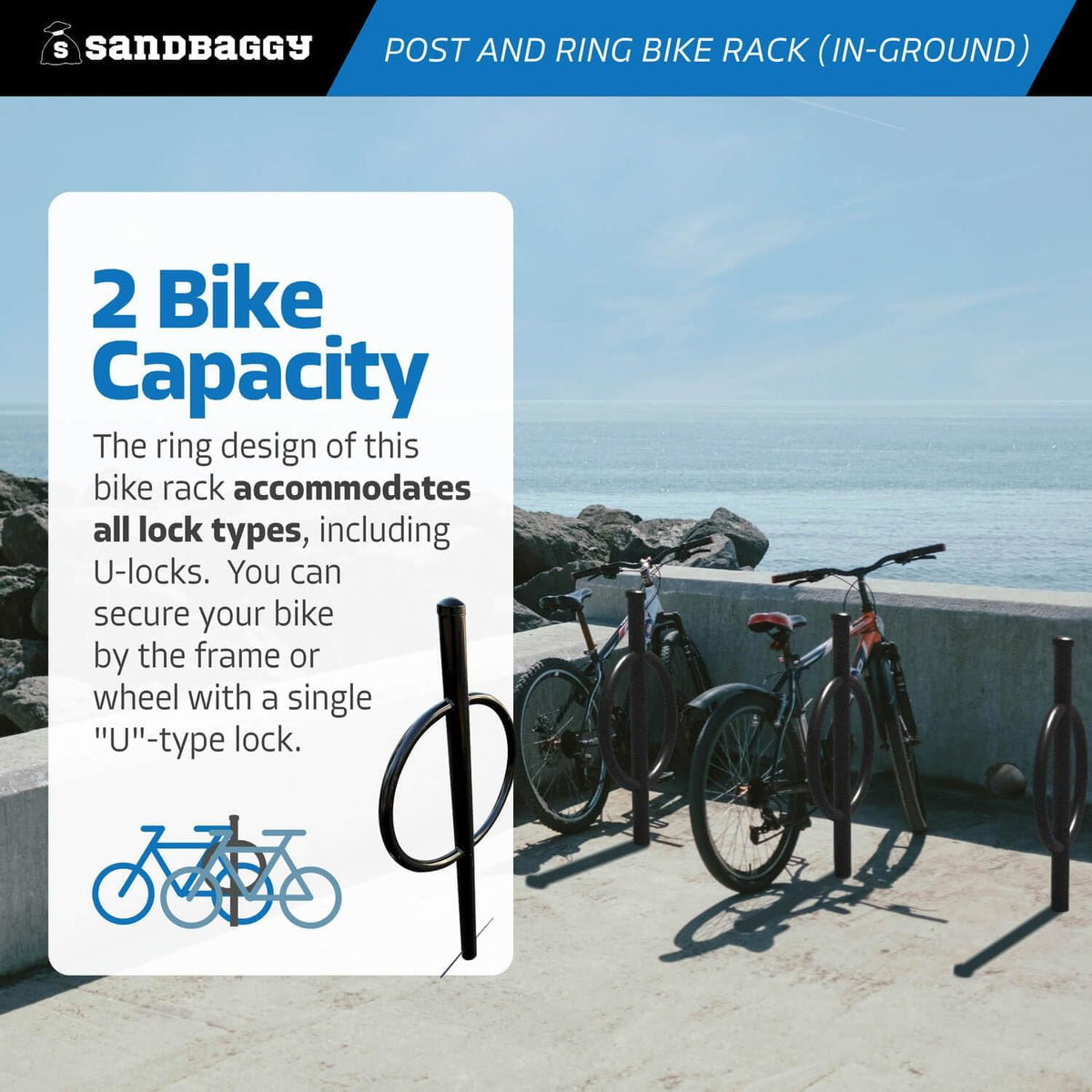 Sandbaggy Post and Ring Rack - In Ground - Commercial Outdoor Bike Parking & Storage Racks (Blue, 10)