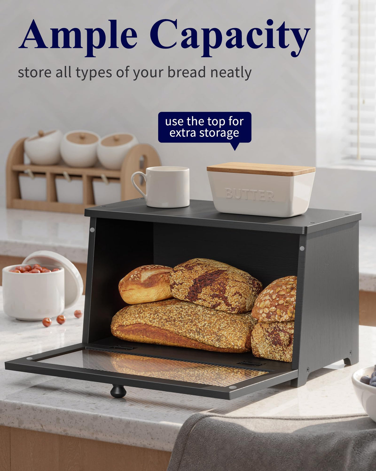 Kitsure Wooden Bread Box for Kitchen Countertop, 1-Tier, Black