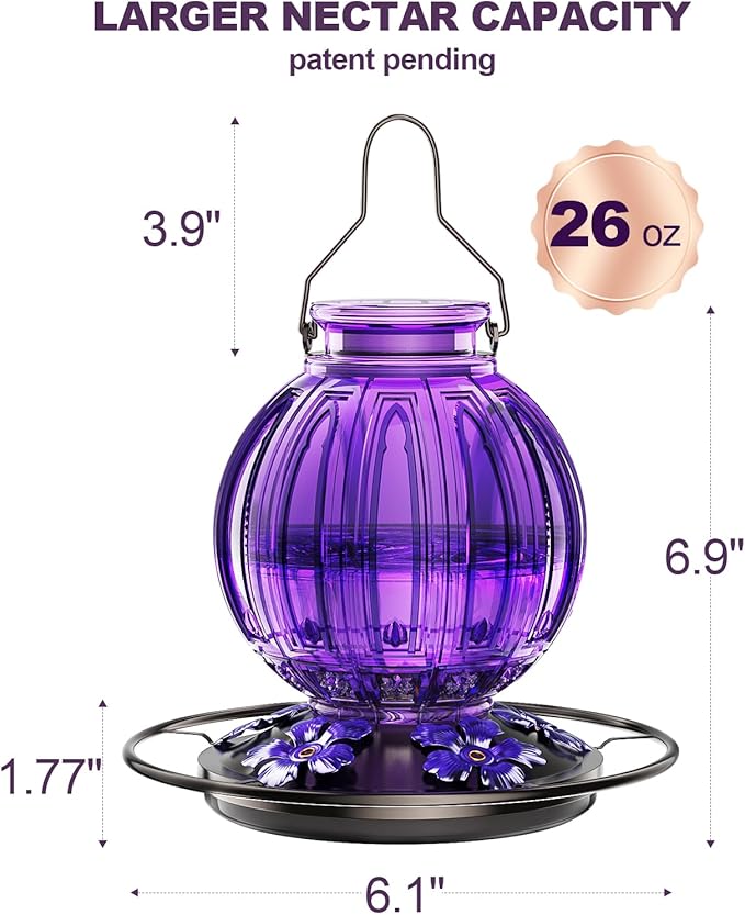 2 Pack Glass Hummingbird Feeder for Outdoors Hanging, Bird Nectar Feeder with Perch & 5 Flower Feeding Ports, 26 Oz Leak Proof for Outside Garden Decor Backyard, Gifts for Women Mom, Purple