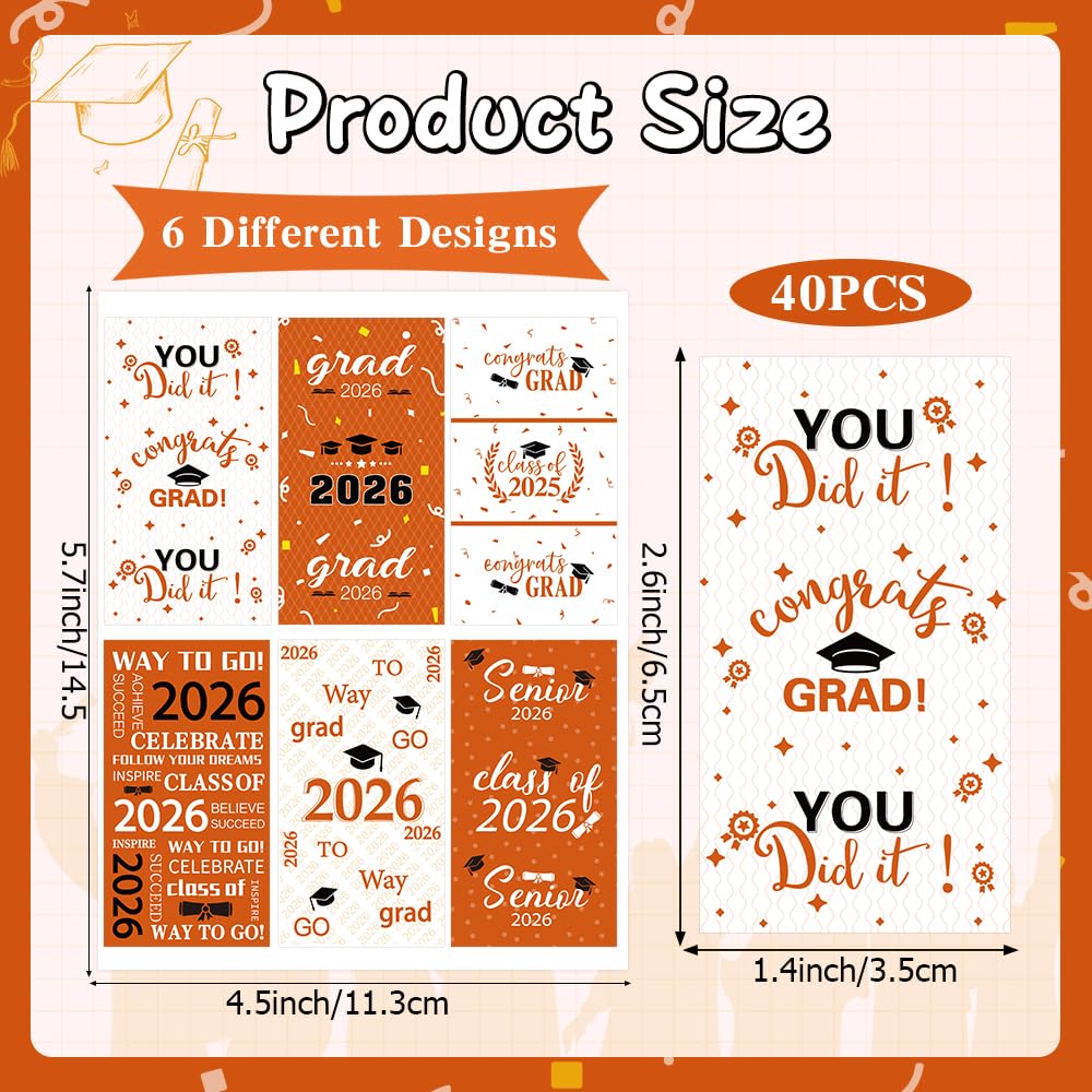 Graduation Party Decorations 2026 Graduation Label Stickers, 120PCS Congrats Grad Mini Orange Black Candy Wrapper Class Of 2026 Chocolate Bar Sticker