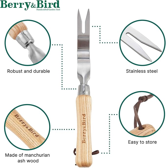 Berry&Bird Hand Weeder Tool, Stainless Steel Gardening Weed Puller, 12.1" Manual Weeding Removal Cutter Tool with Ash Wood Handle for Planting, Weeding, Flower & Vegetable Care in Garden Lawn Yard