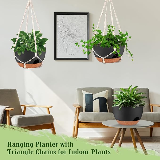 Hanging Planters for Outdoor Indoor Plants, 2 Pack 12 Inch Hanging Basket Plants Outdoor, Self Watering Hanging Planter with Plant Hanger for Garden Home Decoration (2 Type Plant Hangers Black)