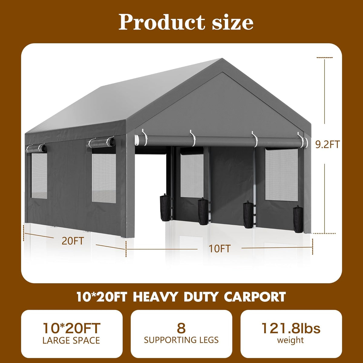 Walsunny Carport, 10x20 ft Heavy Duty Carport Canopy with Roll-up Windows, Portable Garage with Removable Sidewalls & Doors, Car Canopy with All-Season Tarp for Car, Truck, Boat