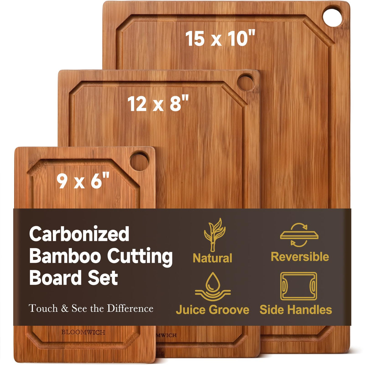 Carbonized Bamboo Cutting Boards for Kitchen Set of 3 Knife-Friendly