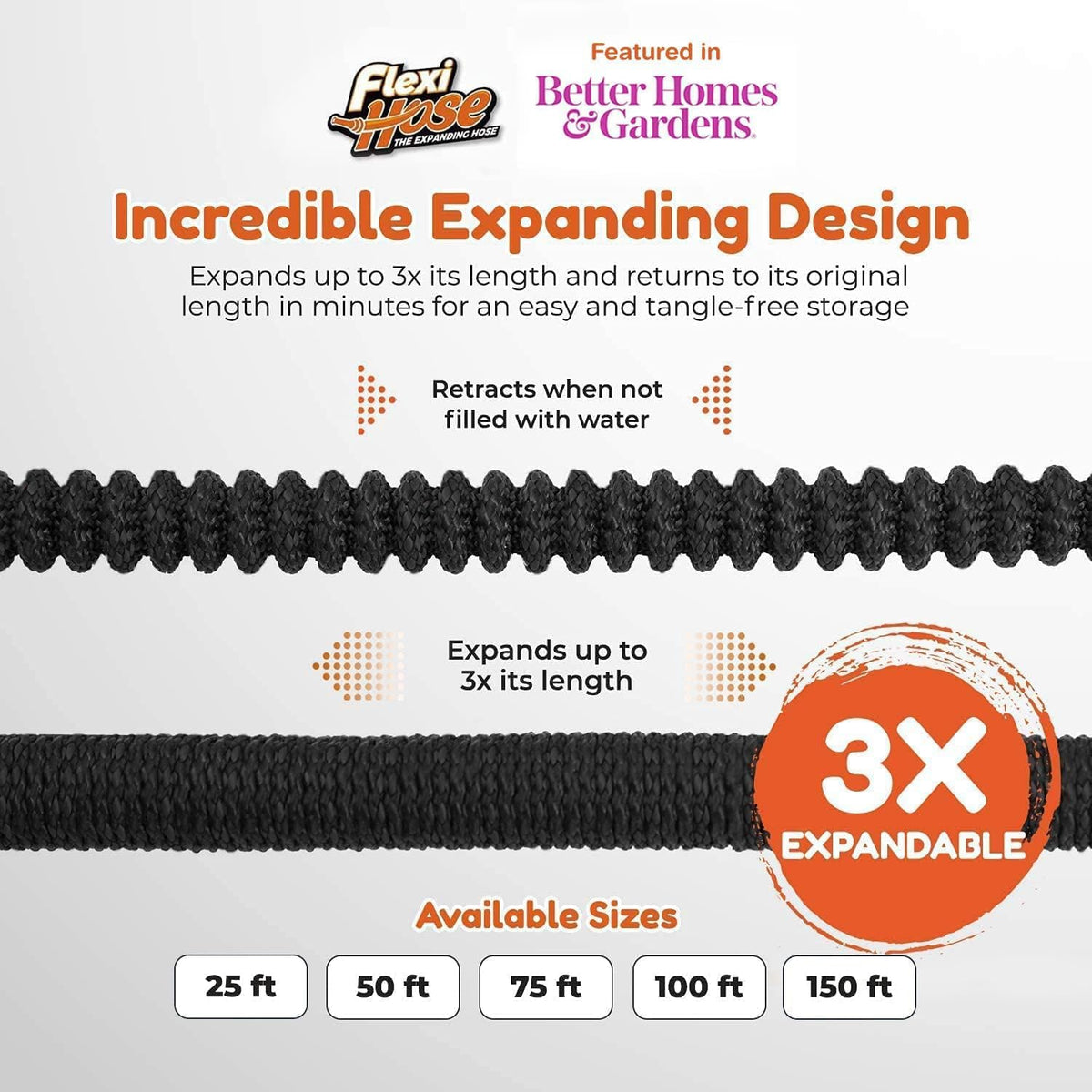 Flexi Hose PLUS with 8 Function Nozzle Expandable Garden Hose, Lightweight & No-Kink Flexible Garden Hose, 3/4 inch Solid Brass Fittings and Double Latex Core, 75 ft Black