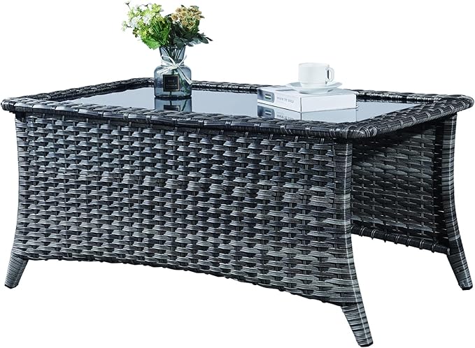 Patio Tables Wicker Coffee Table - Outdoor Rattan Coffee Tables with Glass Top for Patio Proch Deck Balcony Rectangle Mixed Grey