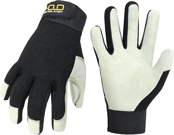HLDD HANDLANDY Leather Work Gloves for Men & Women, Adjustable Wrist Cowhide Gardening Glove with Reinforced Palm for Driver