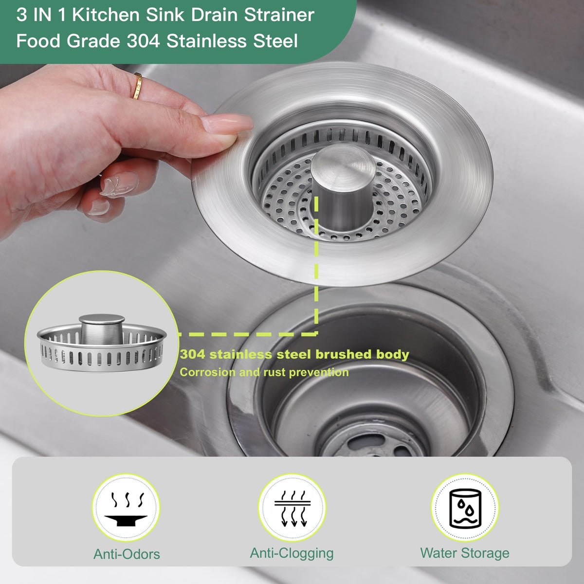 Sink Drain Strainer 3 in 1, 304 Stainless Steel Pop Up Sink Stopper, Anti-Clogging Sink Strainer, Kitchen Sink Strainer, Drain Cover and Kitchen Accessories for US Standard Sink(Silver)