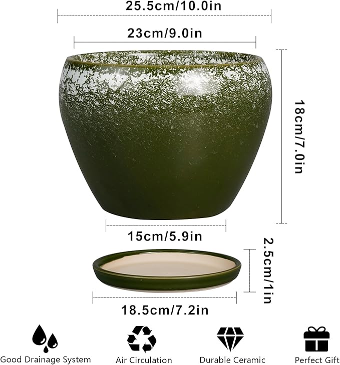 10 Inch Planter Pot - Ceramic Pots for Plants with Drainage Hole and Saucer, Round Large Flower Pot for Indoor Plants, Dark Green