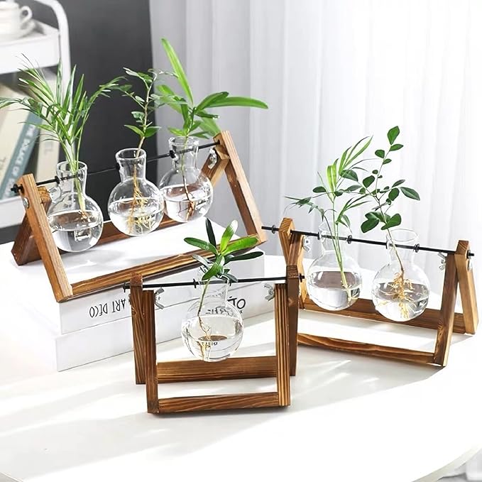 Kingbuy Plant Propagation Station Air Plant Terrarium Bulb Vase with Wooden Swivel Holder Desktop Glass Planter for Indoor Water Plants Home Office Tabletop Decor - 1 Bulb Vase