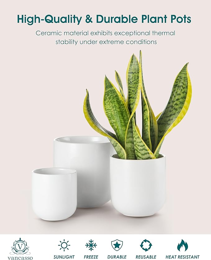 vancasso Ceramic Plant Pots, 4+5+6 inches, Set of 3, Planters with Drainage Hole, Flower Pots Planters Pots for Indoor Plants, Modern Indoor Decorative Garden Pot, Home Decor, White