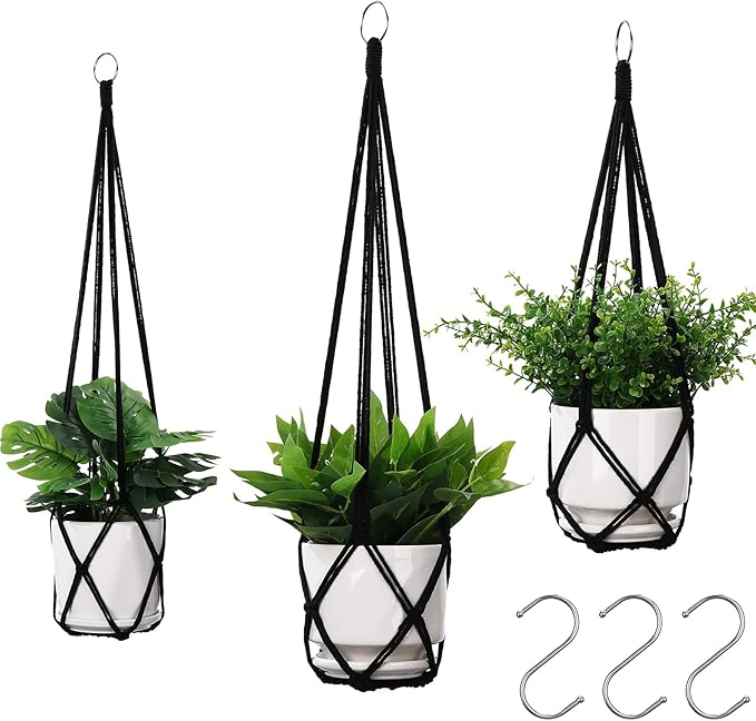 YIBOT 3 Pack Macrame Plant Hanger Indoor Hanging Planters for Indoor Outdoor Hanging Plant Holder with 3 x S Hooks for Garden Home Boho Decor 35"/29"/23" Black