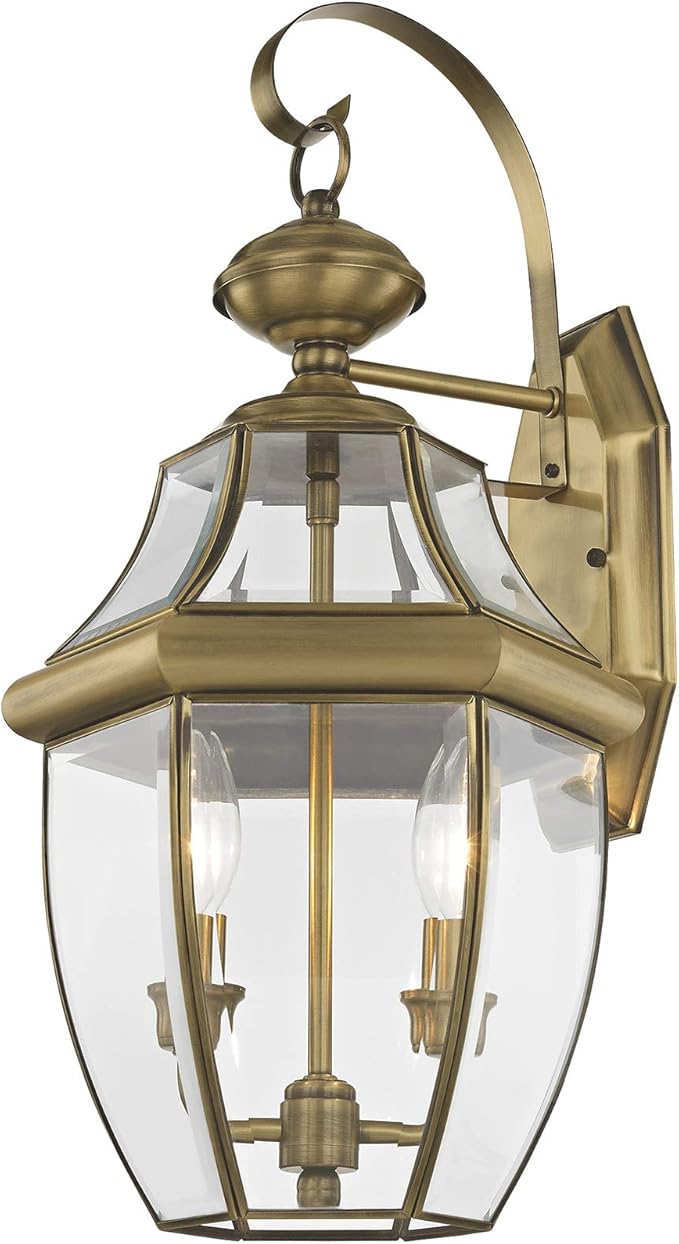 Livex Lighting 2251-01 Monterey 2 Light Outdoor Antique Brass Finish Solid Brass Wall Lantern with Clear Beveled Glass